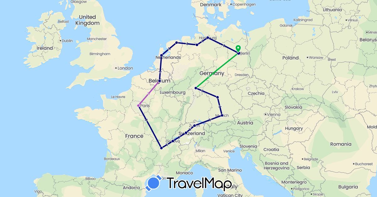 TravelMap itinerary: driving, bus, train in Belgium, Switzerland, Germany, France, Netherlands (Europe)